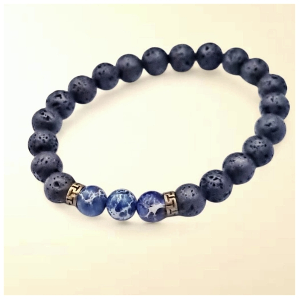 Black Lava Stone Stretch Bracelet with Marbled Accent Beads